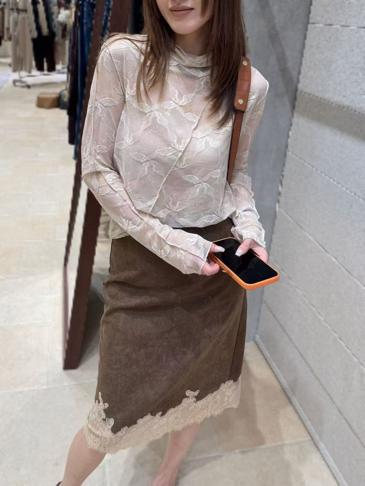 欧货2026早秋V+.COM半高领透视蕾丝打底衫女修身长袖叠穿内搭上衣