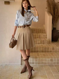 欧洲站26春夏V 高腰配腰带格纹百褶A字半身裙女 .COM新学院风时尚