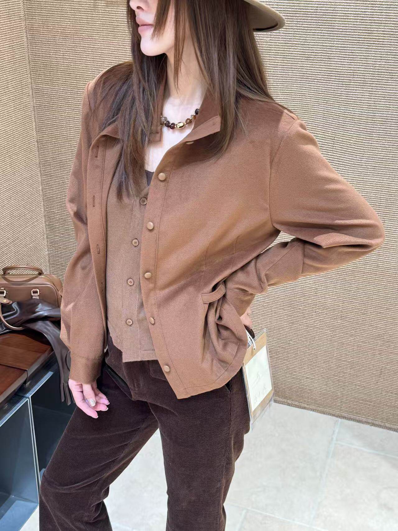 欧洲站26秋冬V+.COM磨毛假两件外套女立领收腰小个子短款显瘦上衣