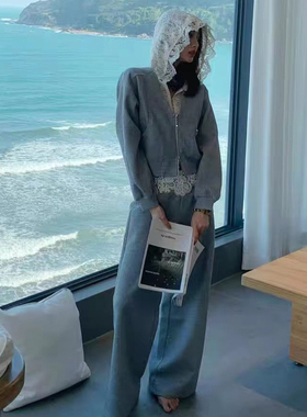 欧洲站25春季欧货女v+.com拼蕾丝连帽外套+休闲裤套装运动两件套