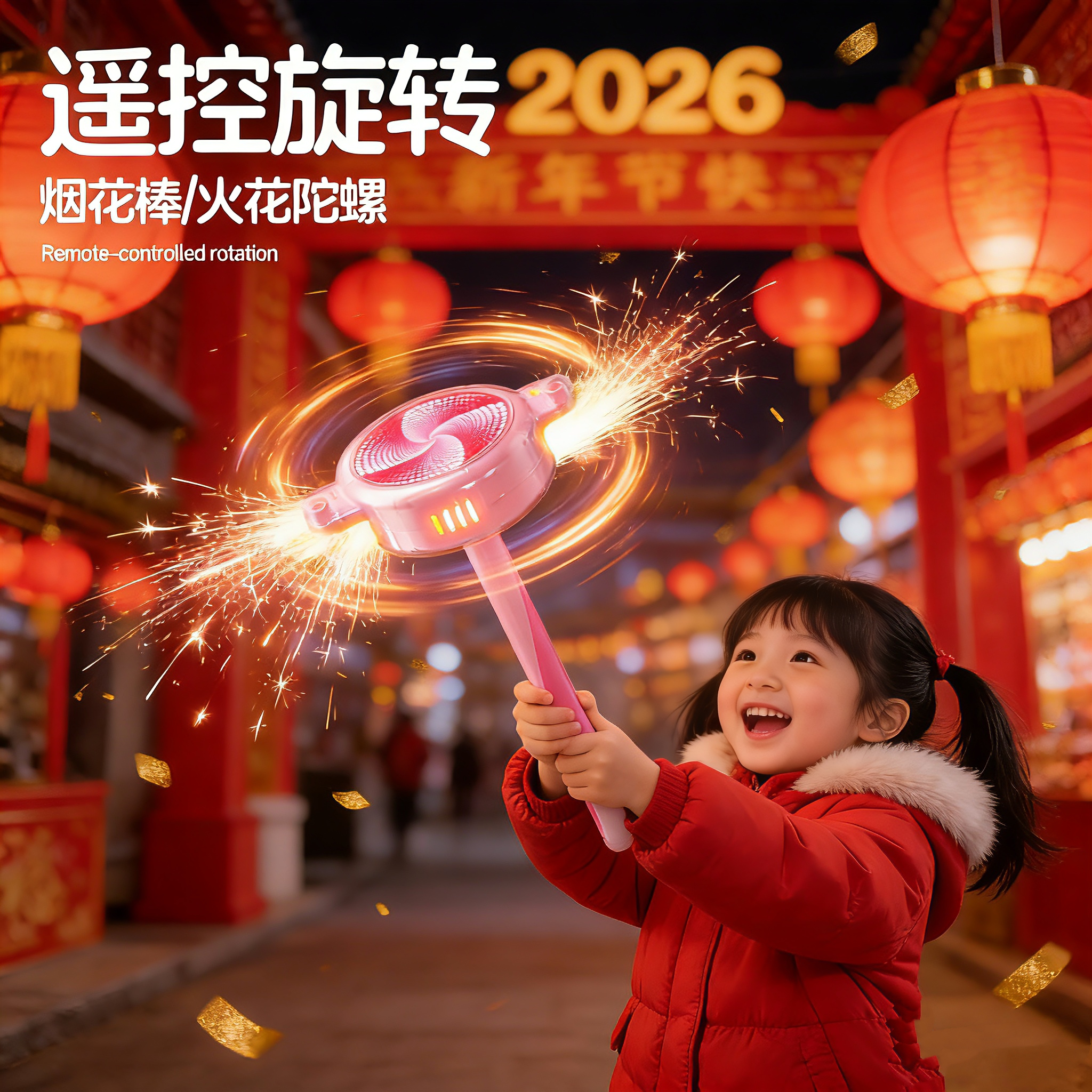 新款儿童遥控手持仙女棒火花发光旋转陀螺女孩生日新春年礼物玩具