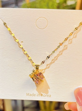 超闪锆石蝴蝶结粉色爱心吊坠项链