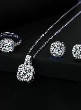 超闪简约几何方糖银色项链三件套送耳钉戒指高档气质百搭饰品套装