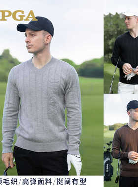 PGA高尔夫服装男装长袖毛衣秋冬季 保暖绵羊毛V领针织衫101367