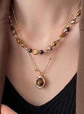 美拉德复古虎眼石珍珠串珠项链女2025新款高级感轻奢小众毛衣链