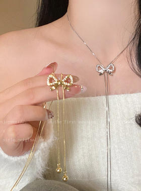 韩系蝴蝶结抽拉项链女2025新款高级感毛衣链秋冬轻奢小众精致配饰