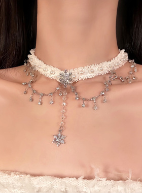 闪钻雪花珍珠毛绒项链女冬日甜美气质choker锁骨颈链配饰