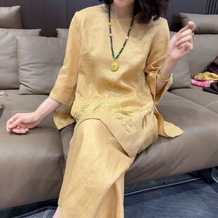 套装 2025夏季 女装 上衣阔腿裤 刺绣两件装 休闲裤 时尚 棉麻七分袖 新款