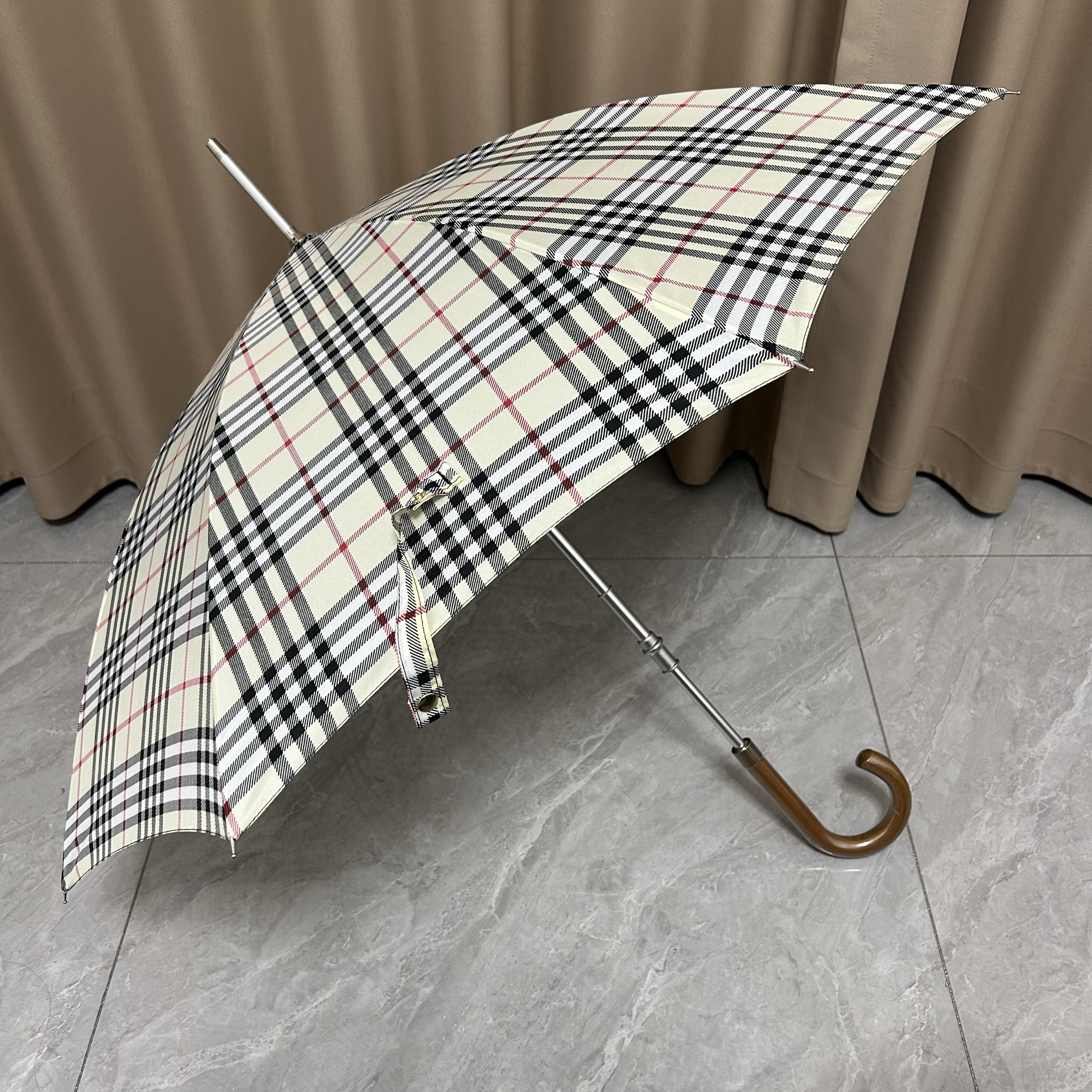 日本防风雨伞木手柄绅士格子晴雨两用加大双人高端直杆全钢推拉式