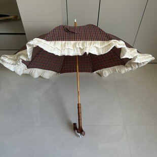 新款 流光纱蕾丝花边格子长柄伞女防晒防紫外线遮阳伞高级木制洋伞