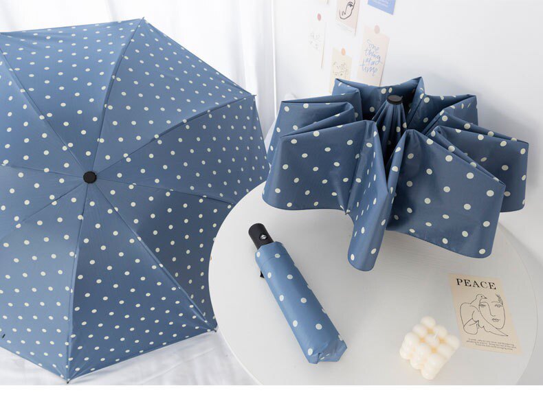 新款 小清新波点太阳伞遮阳伞女折叠晴雨两用防晒三折伞黑胶伞