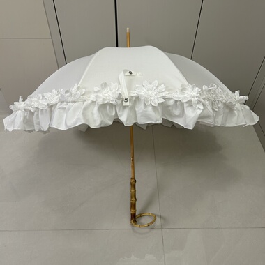 日系高颜值复古小清新双层伞面白色公主伞蕾丝花边遮阳伞圆竹手柄