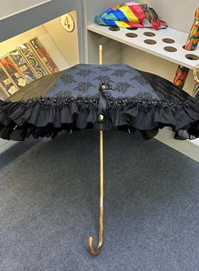 高颜值日系复古木制黑色珍珠蕾丝花边棉麻烧花太阳伞晴雨两用防晒