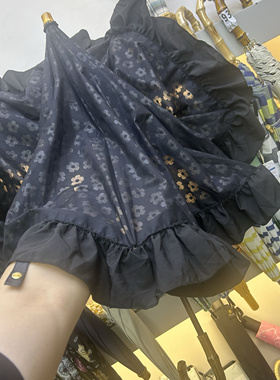 高颜值日系黑色棉布烧花荷叶花边二折洋伞弯钩竹手柄手动防紫外线