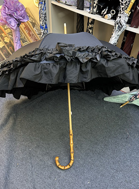 高颜值日系复古黑色荷叶花边棉布太阳伞晴雨两用女弯木便携防晒伞