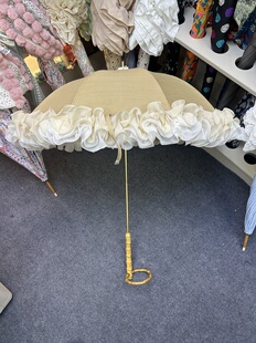 日系高端生地麻蕾丝花边伸缩长柄伞圆环竹手柄防紫外线遮阳公主伞