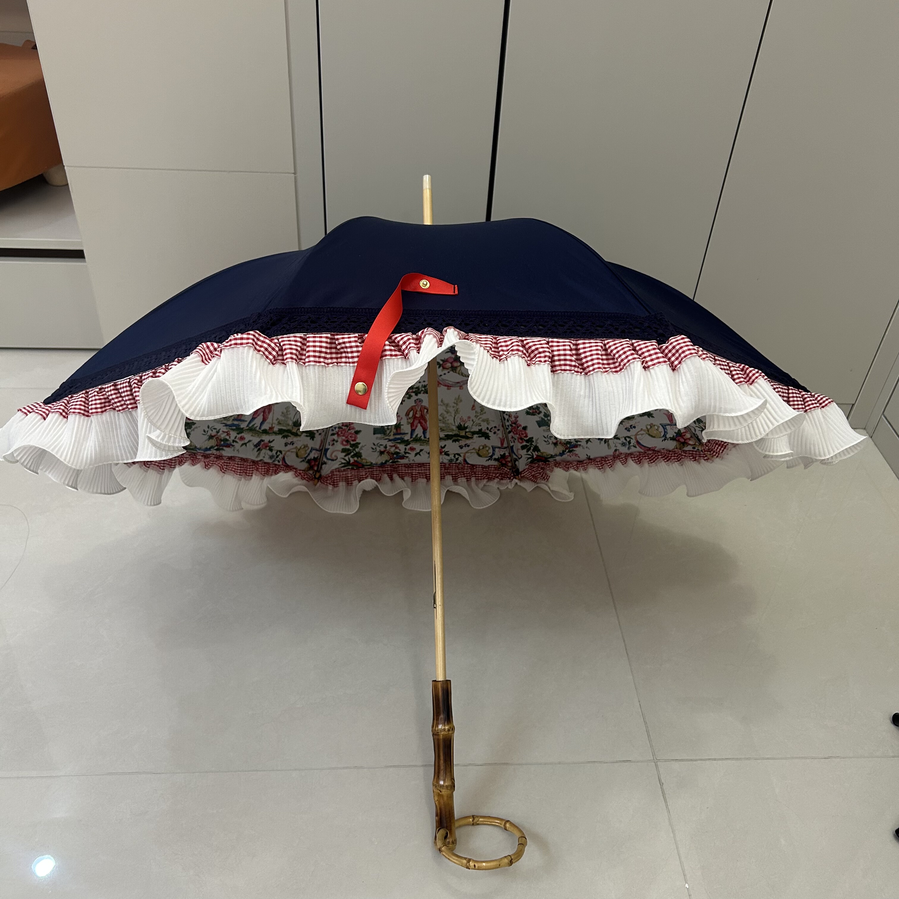 日系高颜值复古小清新双层伞面荷叶花边长柄遮阳伞紫外线圆环竹柄