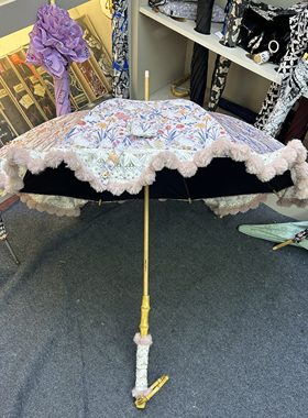 高颜值日系粉色莫奈蕾丝花边黑胶太阳伞晴雨两用竹手柄手动防晒伞