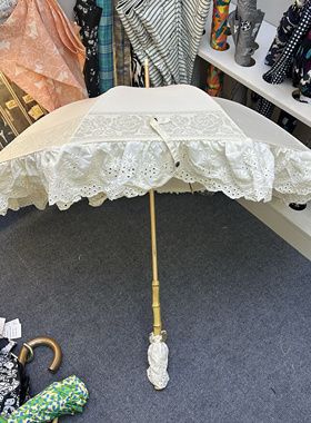 绝美高颜值日系小清新乳白色木制长柄伞烧花竹节防晒遮阳防紫外线