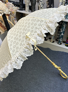 天仙下凡黄色棉布烧花清新公主伞天然竹制手柄蕾丝花边木杆遮阳伞