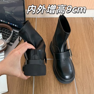 炸街百搭黑色短靴子 内增高9cm增高厚底马丁靴女2025新款 现货