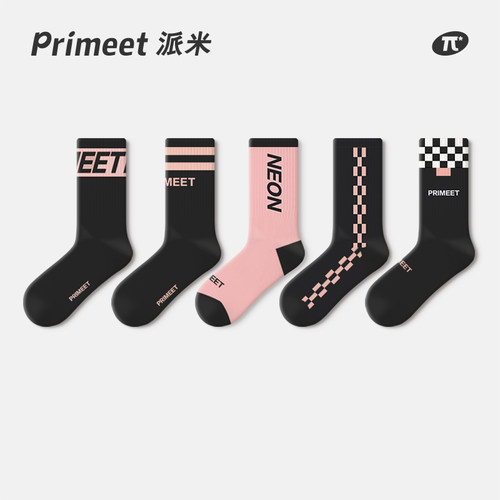 PRIMEET女生黑色脏粉潮流中筒袜