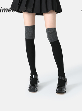 黑灰拼接过膝袜女春夏薄款袜子黑色长腿袜长袜灰色jk小腿袜长筒袜