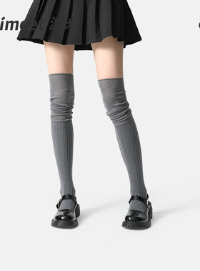 miu系堆堆过膝袜黑色袜子女春夏长靴长腿高筒防滑灰色jk长筒长袜