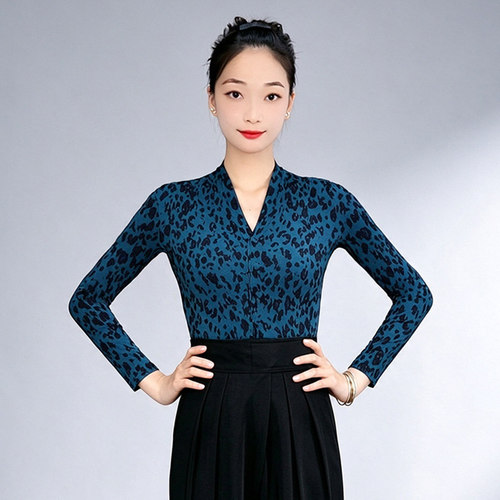 0拉丁舞连体上衣女成人摩登舞服V领豹纹印花练功服表演服装交谊舞