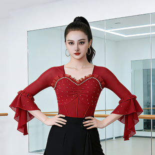绚悦新款烫钻荷叶袖上衣女广场舞交际舞演出服女拉丁交谊摩登舞服