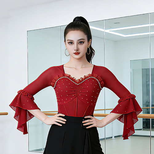 绚悦新款烫钻荷叶袖上衣女广场舞交际舞演出服女拉丁交谊摩登舞服
