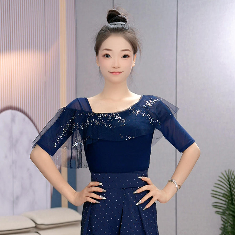 0夏季新款荷叶边短袖连体摩登舞服交谊舞国标练功服拉丁上衣成人