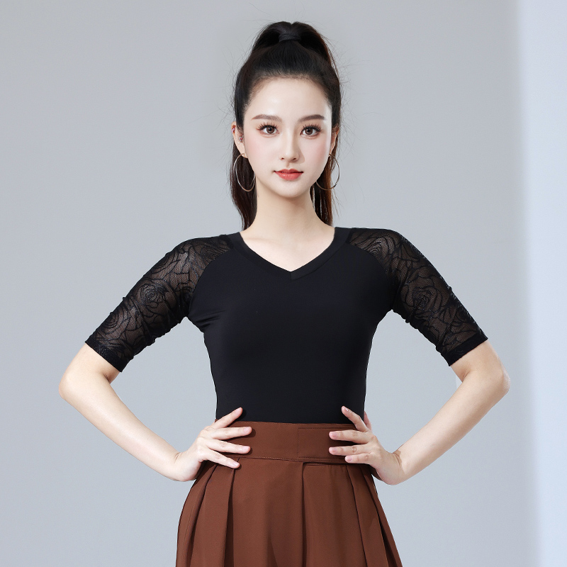 拉丁舞上衣女成人拼接插肩袖修身摩登舞上衣交谊舞服薄款镂空V领
