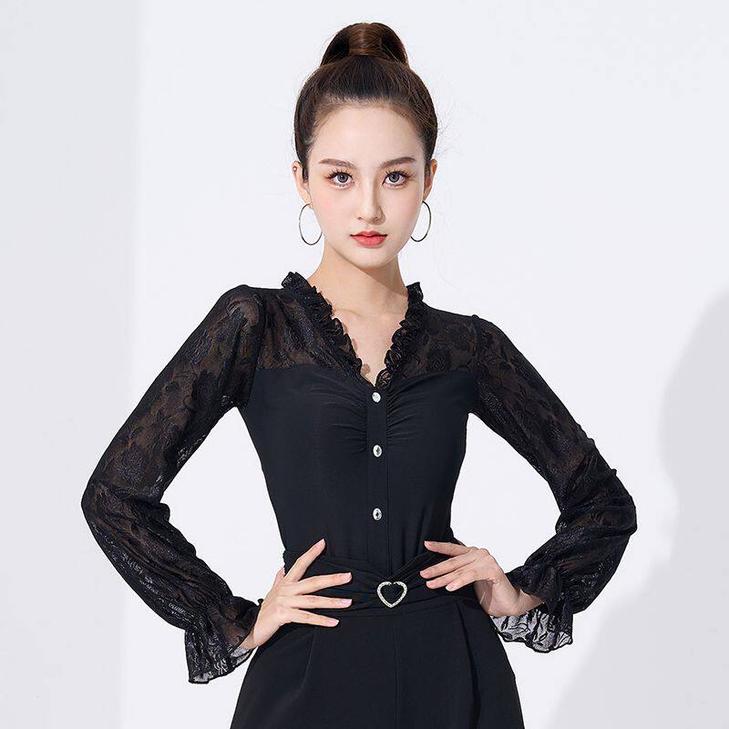 拉丁舞上衣女蕾丝袖新款摩登舞服练功成人国标烫钻时尚舞衣跳舞服