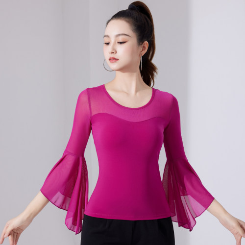 摩登舞上衣女夏季新款中袖国标舞拉丁舞连体练功服荷叶边舞服拼接