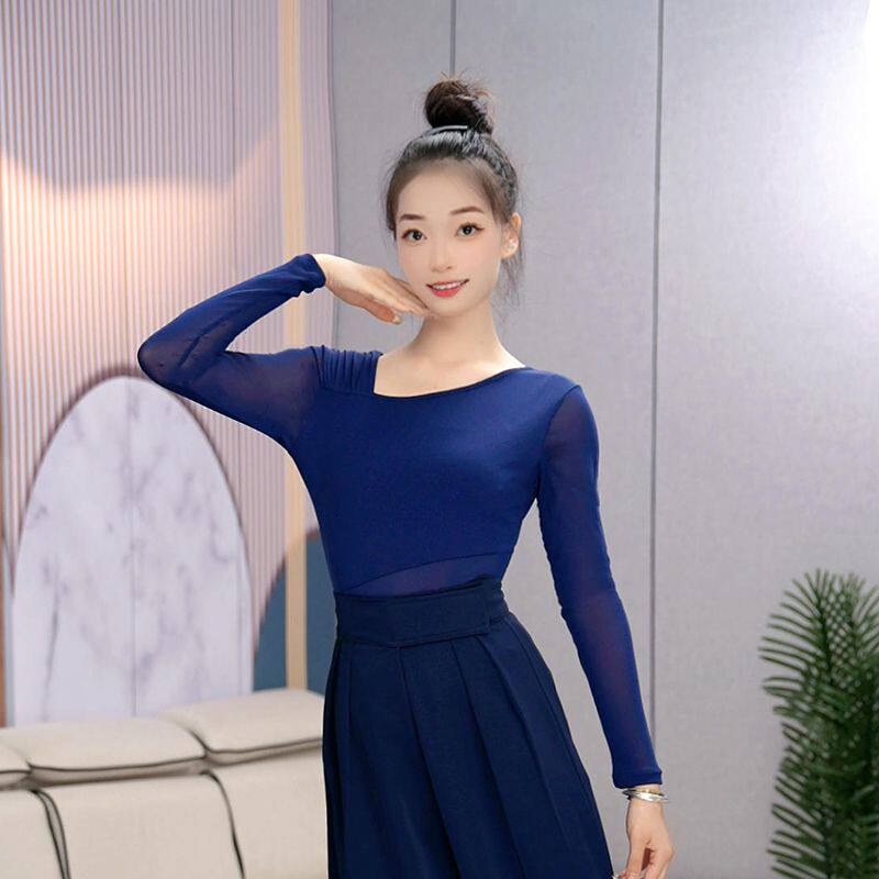 0绚悦斜v领网纱国标摩登交谊舞新款拉丁舞露锁骨中长袖练功舞蹈服