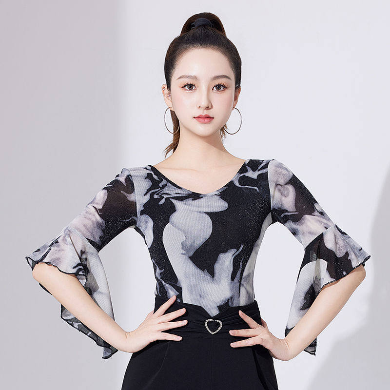 0绚悦夏季女款摩登舞拉丁舞国标舞荷叶袖连体交谊舞蹈跳舞练功服