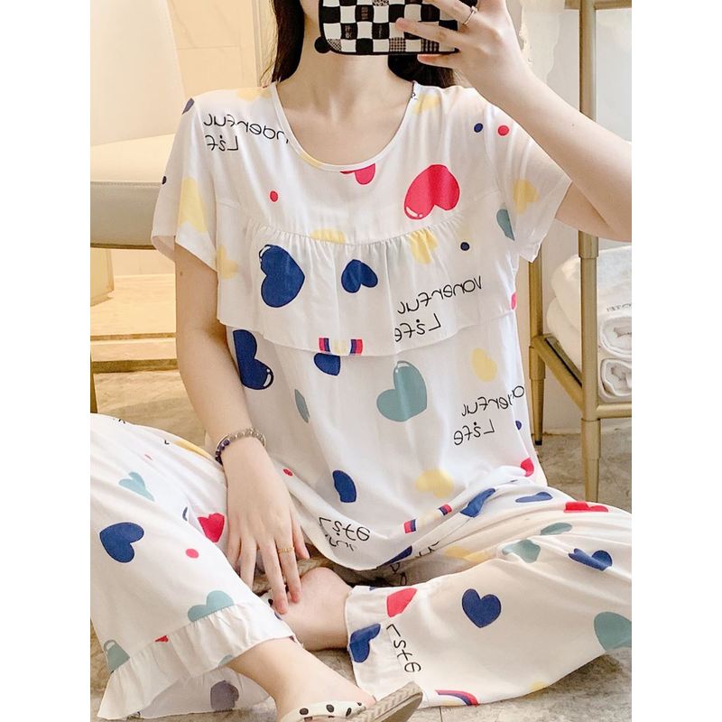2024新款棉绸睡衣女夏薄款短袖长裤套装宽松韩版清新防凸点家居服