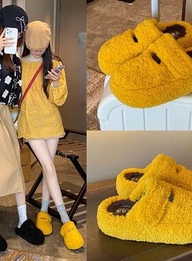 小众红色毛毛鞋拖鞋女鞋子外穿新款秋冬季复古加绒棉鞋包头半拖鞋