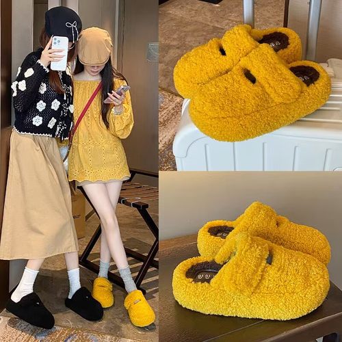 小众红色毛毛鞋拖鞋女鞋子外穿新款秋冬季复古加绒棉鞋包头半拖鞋