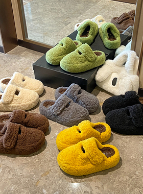 小众红色毛毛鞋拖鞋女鞋子外穿新款秋冬季复古加绒棉鞋包头半拖鞋