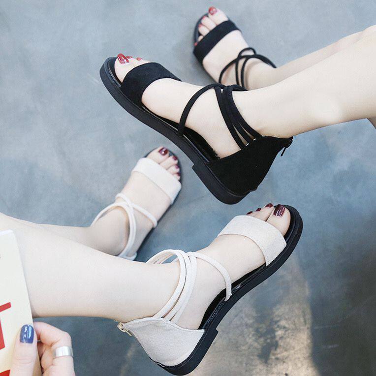 韩版凉鞋女2025夏新款平底平跟百搭学生交叉绑带罗马沙滩仙女鞋潮