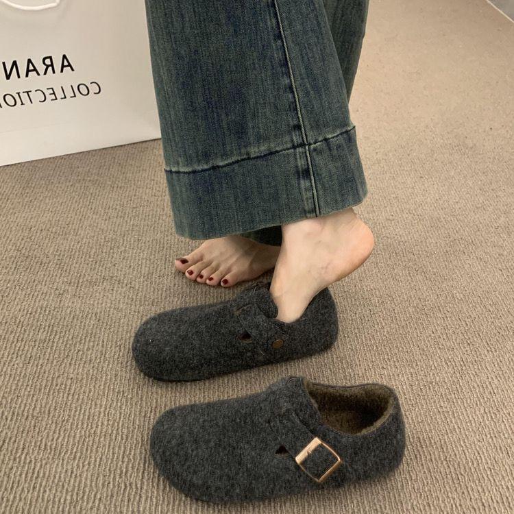 复古圆头毛毡加绒勃肯鞋女加绒秋冬季一脚蹬保暖棉瓢鞋毛呢乐福鞋