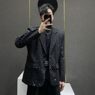 鹿鹿 高级感烫钻条纹西服外套男痞帅小众潮牌垫肩满天星黑色西装
