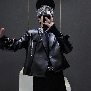 新款 设计感链条装 外套宽松简约垫肩黑色秋季 西装 上衣男 饰小众短款