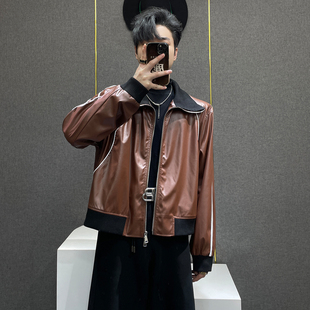 宽松立领上衣韩系处理机车皮夹克 秋季 鹿鹿 美拉德风皮衣外套男士