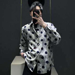 新款 ins韩版 男士 冰丝花衬衫 痞帅气休闲波点印花衬衣垂感 长袖 夏季
