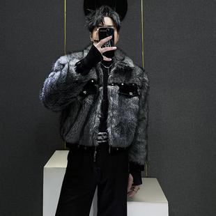 休闲百搭痞帅保暖外套 新款 小众轻奢仿貂毛拼接撞色短款 夹克男冬季