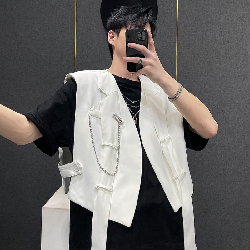 高级感西装V领马甲男ins飘带项链设计感韩版宽松时尚坎肩无袖外套