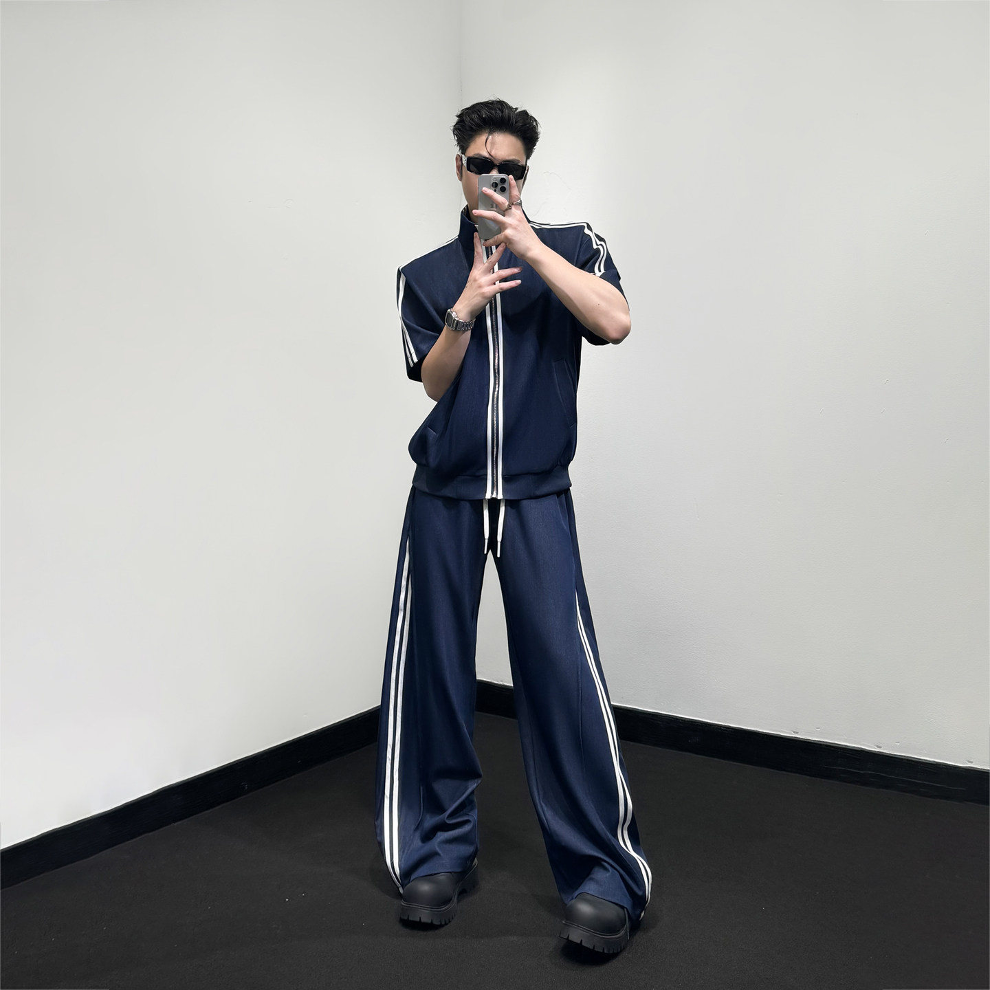 韩潮三/夏季休闲运动套装男短袖撞色侧边条纹韩版百搭两件套